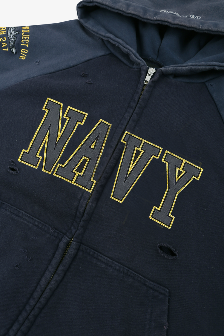 Reconstructed Folded Navy Zip Hoodie