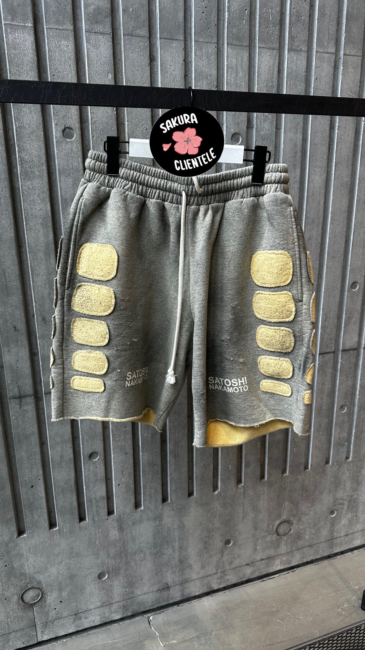 Satoshi Nakamoto Destroyed Patchwork Moto Shorts (Grey)