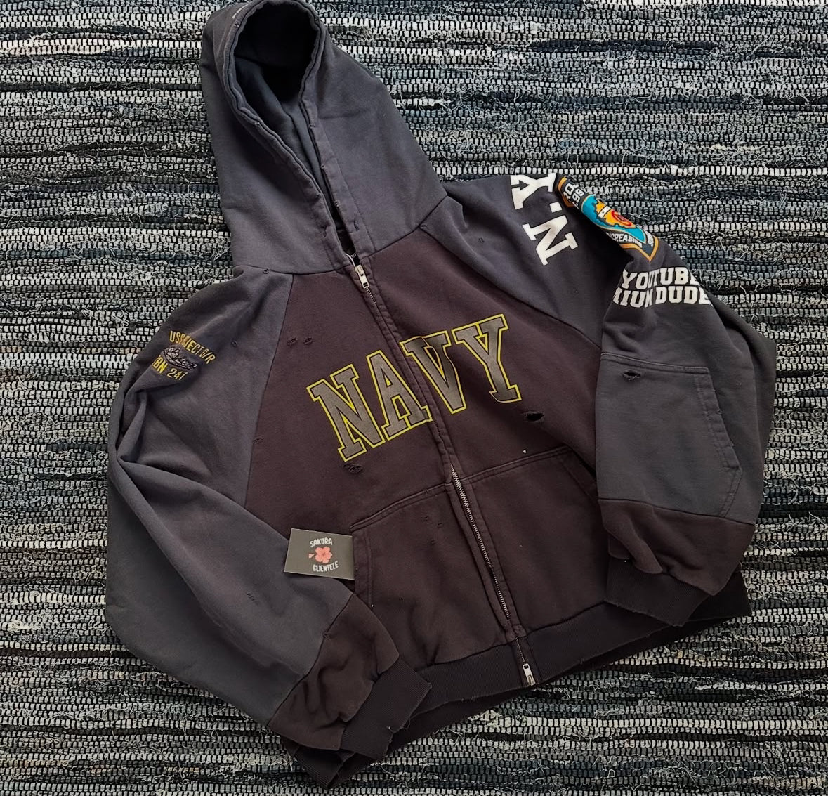 Reconstructed Folded Navy Zip Hoodie