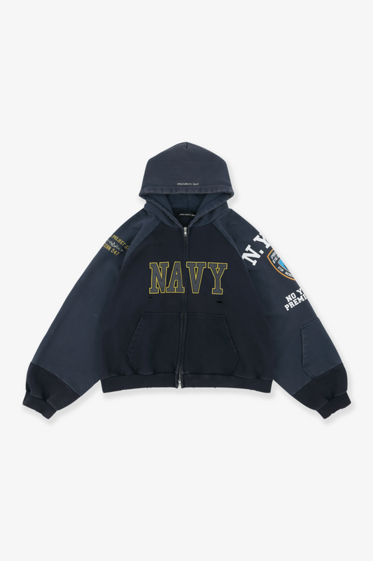 Reconstructed Folded Navy Zip Hoodie